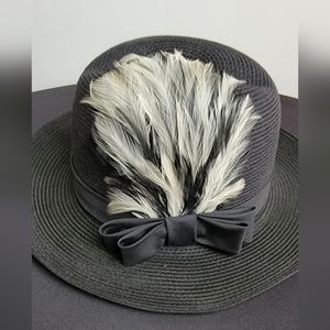 Gorgeous Vintage Black Straw Hat with Ribbon &‎ Gray Feathers Taiwan R.O.C.